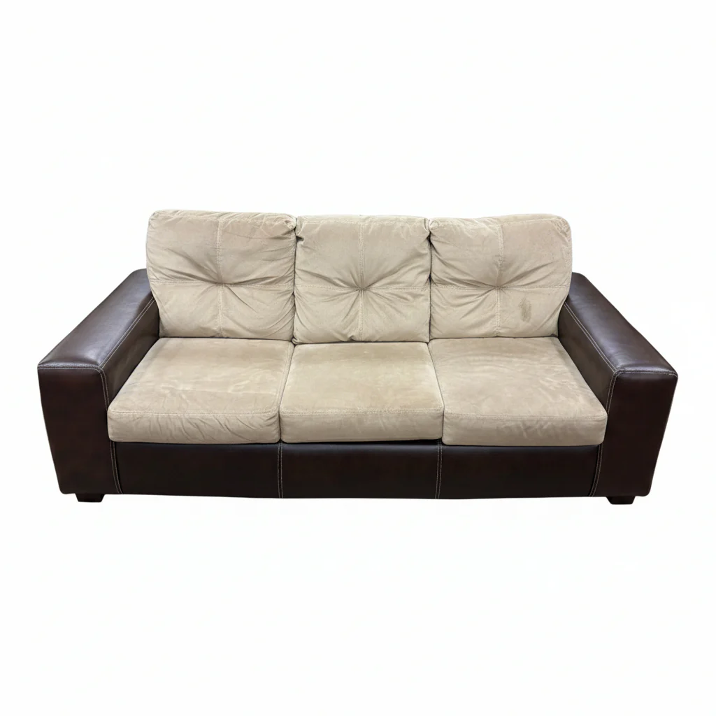 3-Seater Beige Sofa with Faux Leather Base