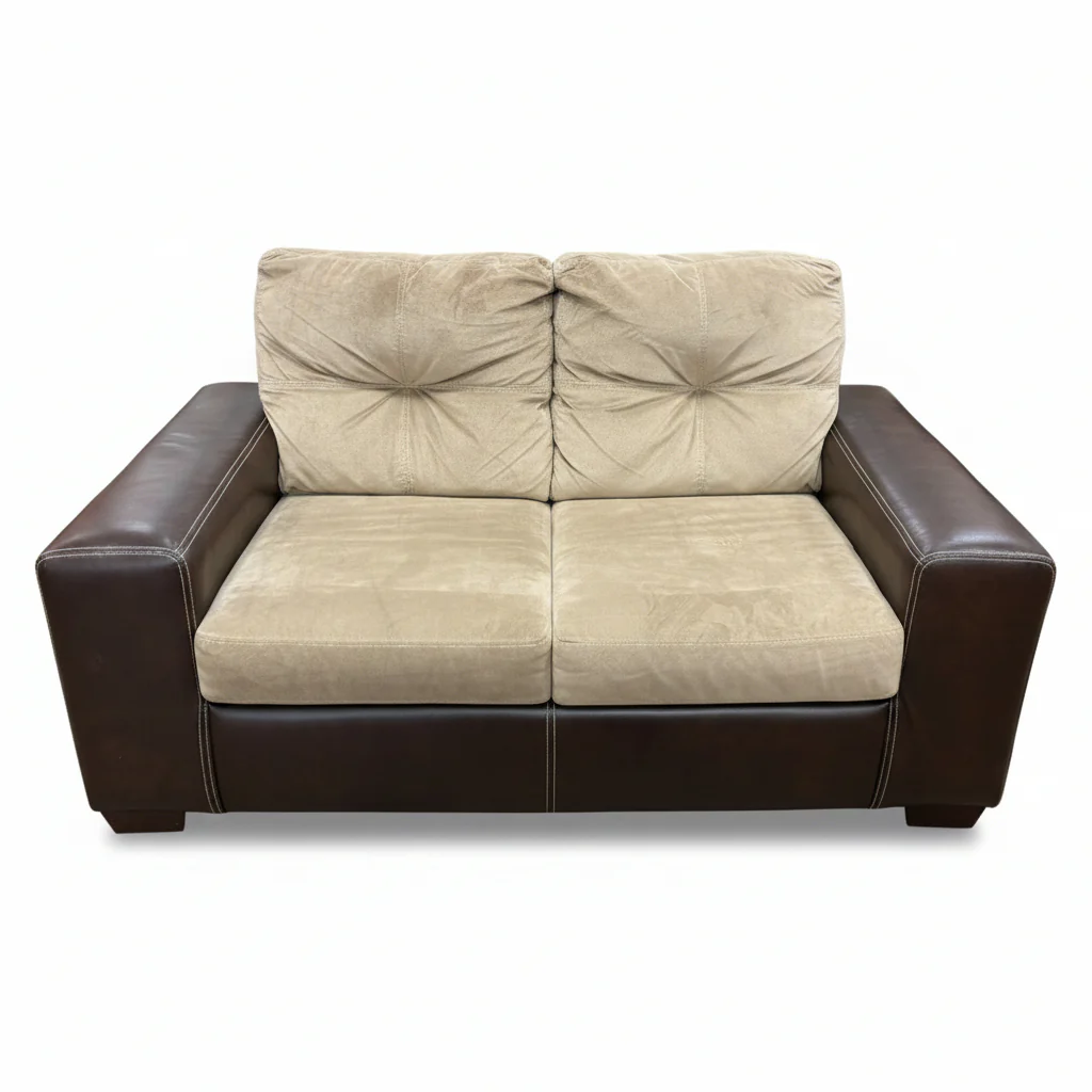 Beige Loveseat with Faux Leather Base