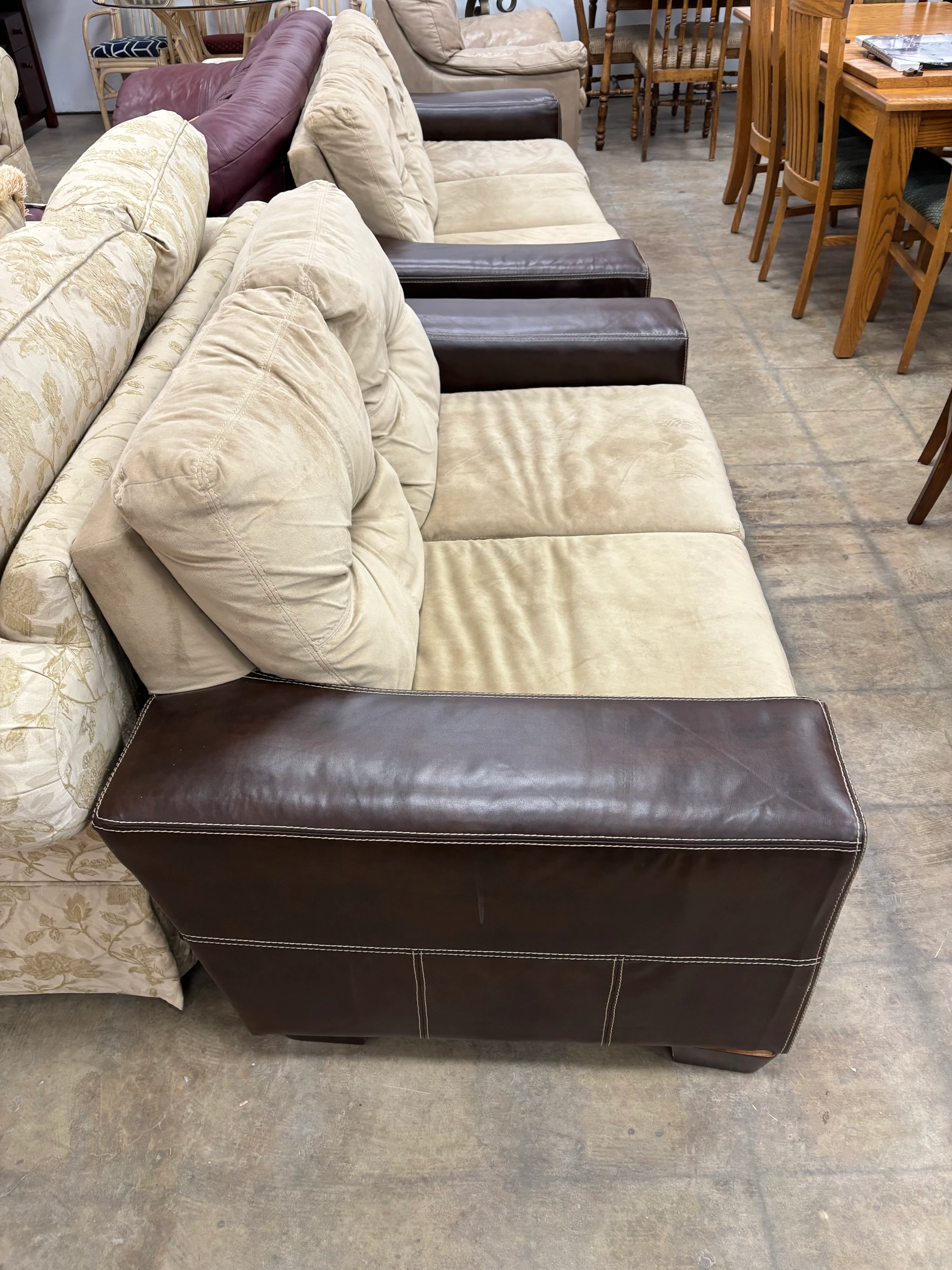 Beige Loveseat with Faux Leather Base - Image 2
