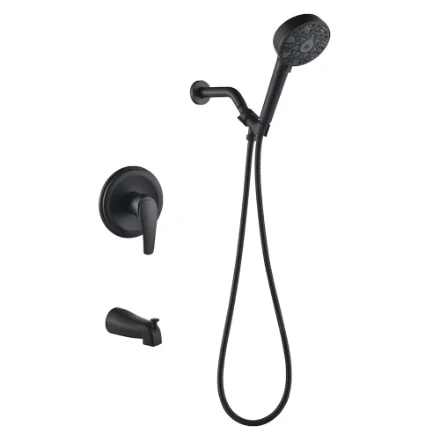 WELLFOR SD4 Wall-Mounted Single-Handle 7-Spray Shower Faucet with Tub Spout in Matte Black
